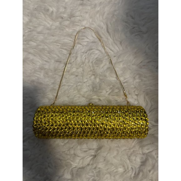 Gold Rhinestone Encrusted Barrel Shaped Clutch Purse Formal Prom